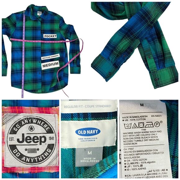 Upcycled Flannel Shirt Womens Medium Shacket Jeep Green Plaid Mechanic Off Road - Picture 11 of 16